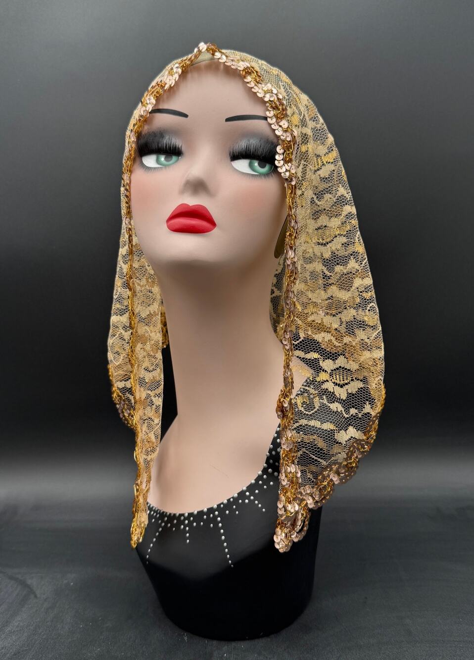 Vintage Mantilla Gold Head Scarf 30" x 18" x 18" Sequin Edged